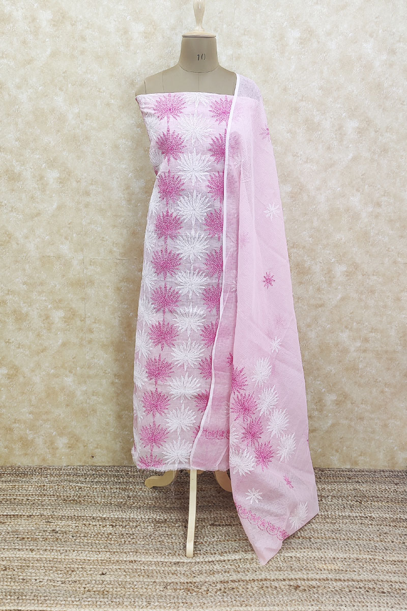 Pink Color Hand Embroidered Luckowi Chikankari  Kurta Piece With Dupatta(kota Cotton) Mc251925